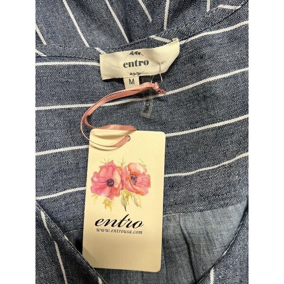 Entro Button Front Sheath Dress Size M Blue White Striped Chambray Roll Tab - Picture 10 of 16